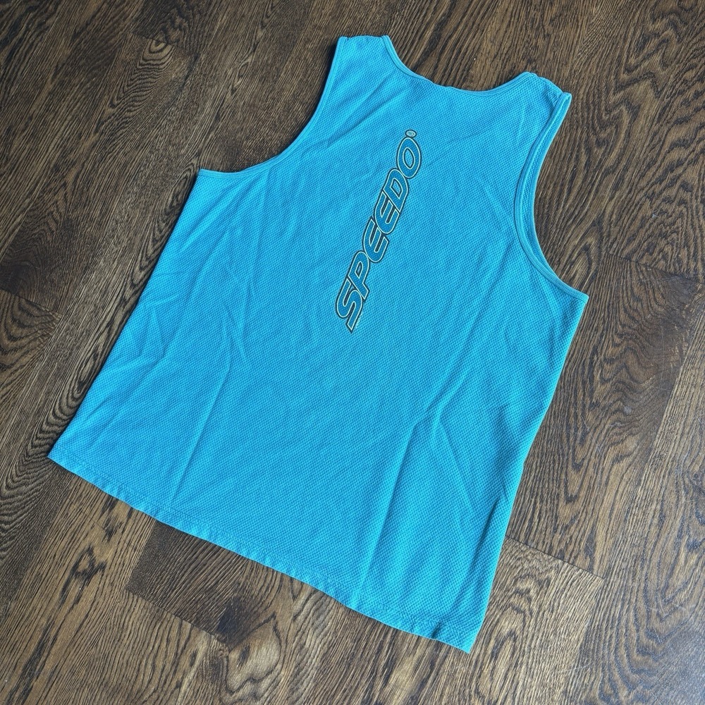 Vtg 90s Speedo Waffle Knit Tank Top L Teal Vertical Spellout Muscle Shirt USA